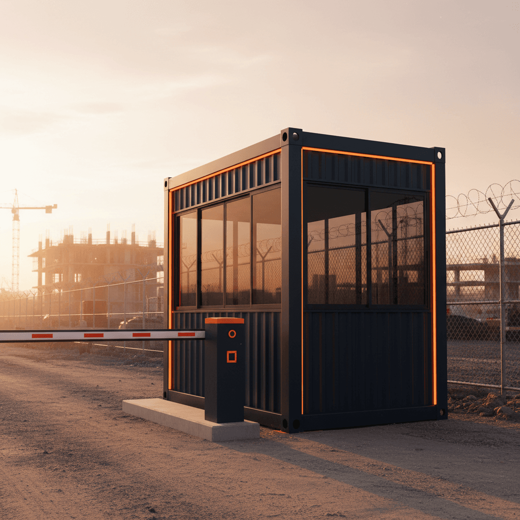 Portable guard shack deployed at a construction site entrance
