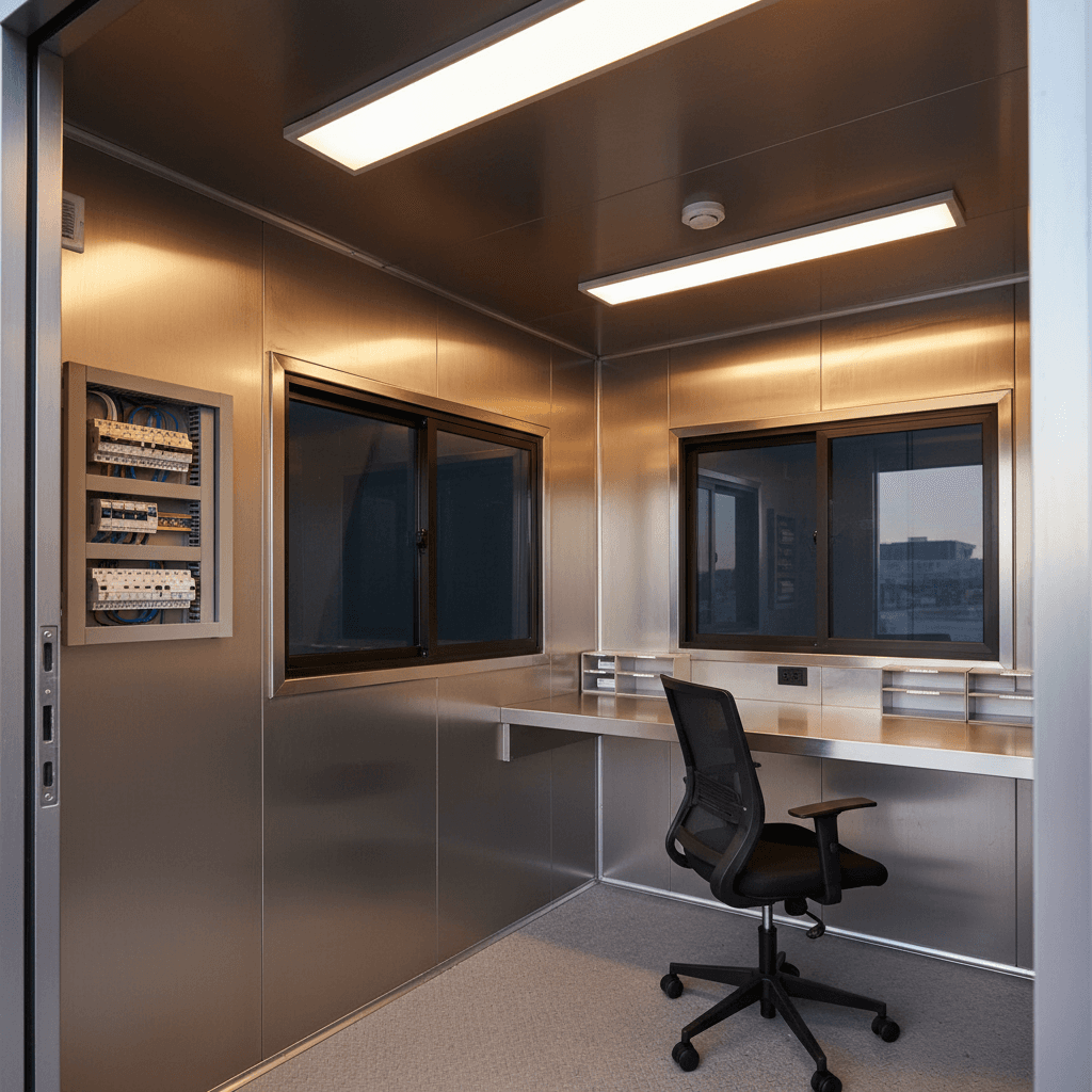 Interior of a portable guard shack showing electrical panel and sliding windows